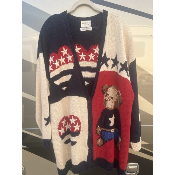 Vintage 80s Marisa Christina hand knit patriotic bear hearts stars cardigan 3X - Picture 1 of 11